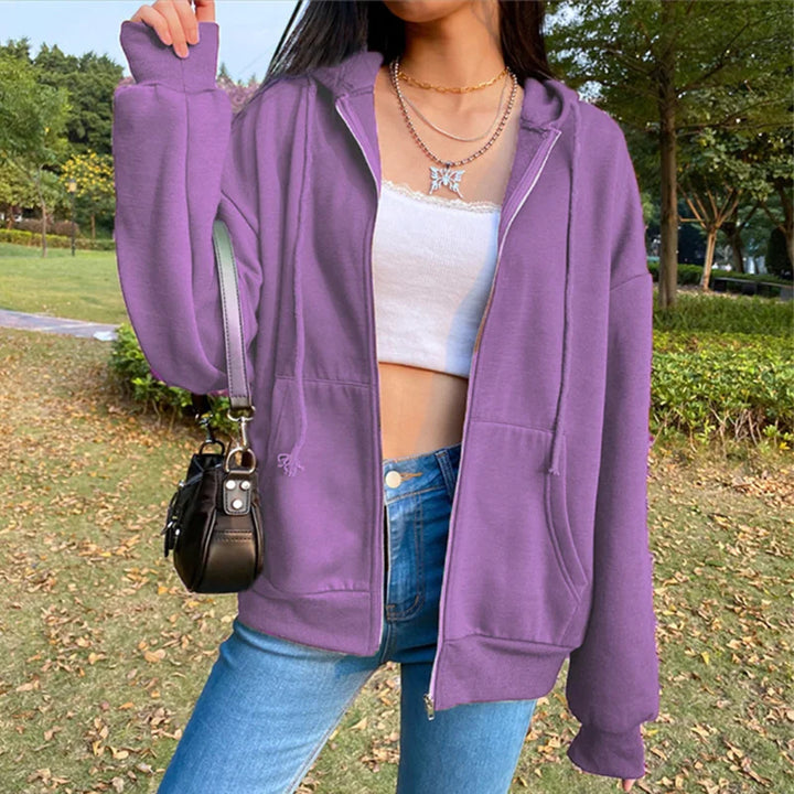 Women's Solid Color Fleece Hoodie with Pockets and Zipper