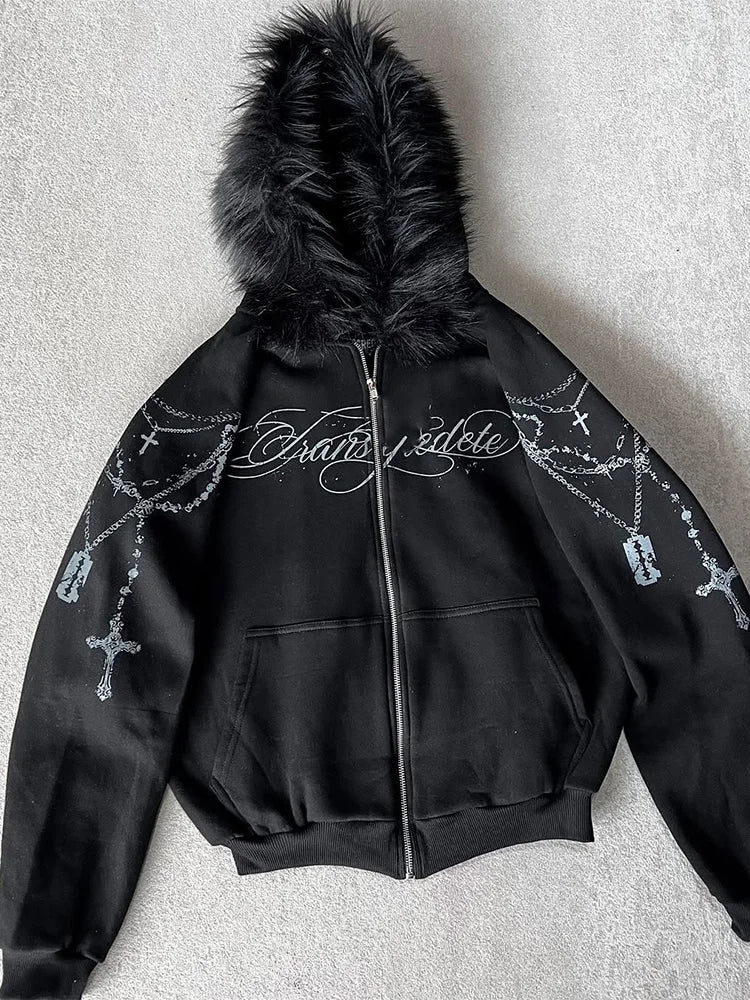 Women's Gothic Punk Faux Fur Hooded Jacket with Cross Print
