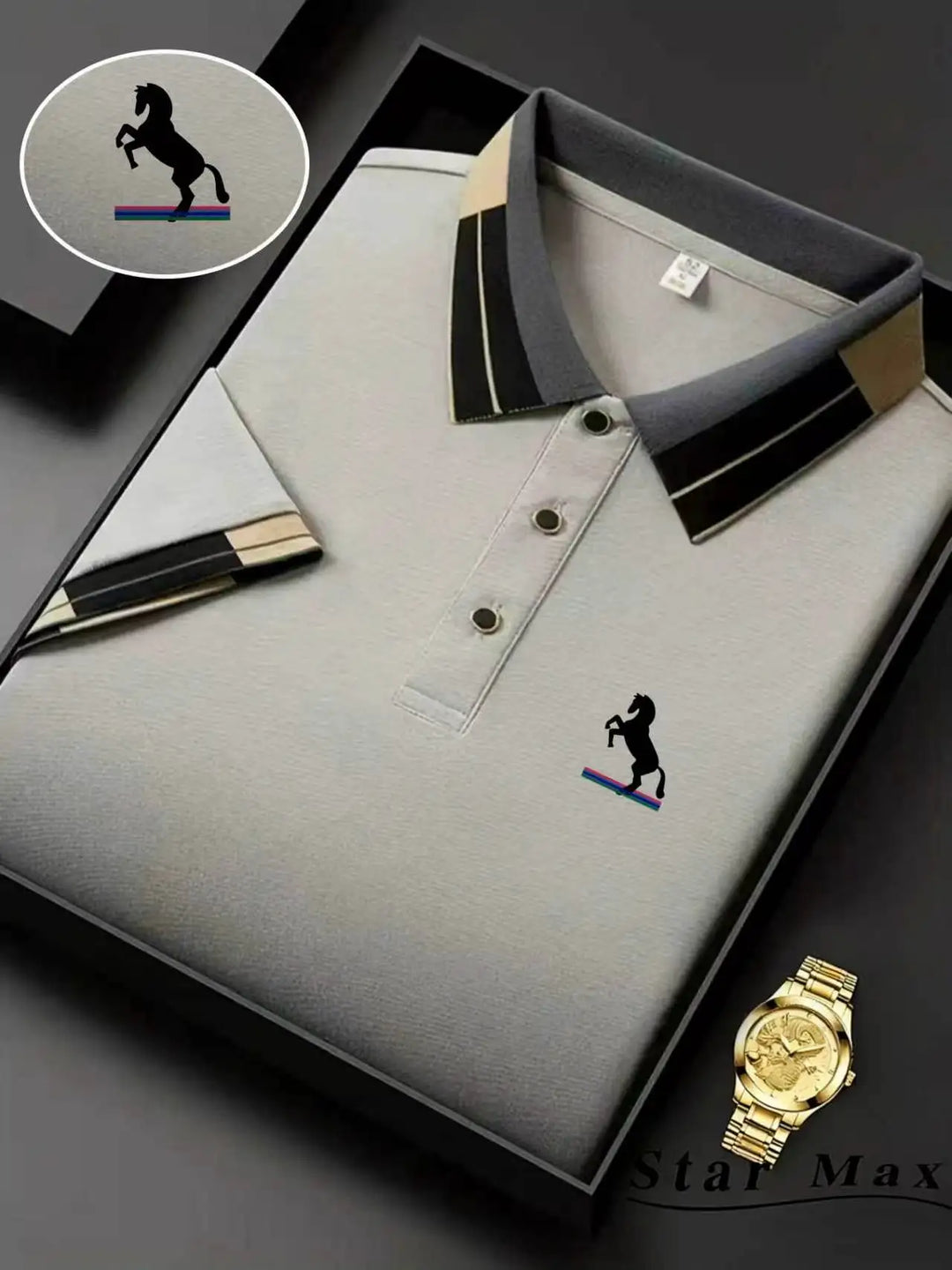 Men's Short-Sleeved Polo Shirt with Horse Embroidery, Summer Casual Wear