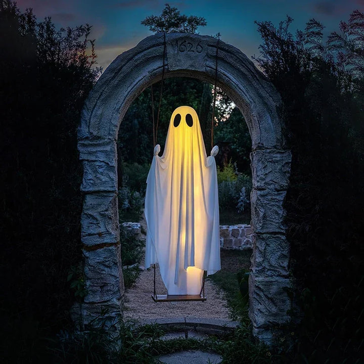 Halloween's Outdoor Ghost Swing with Lights and Wooden Seat Decor