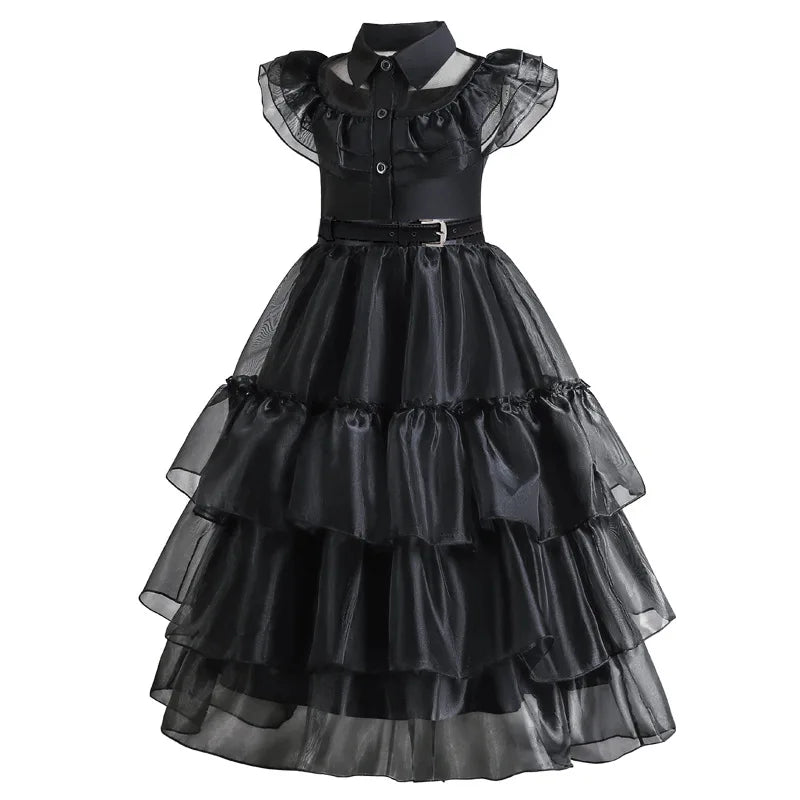 Halloween's Black Layered Cake Gown with Mesh Details for Girls
