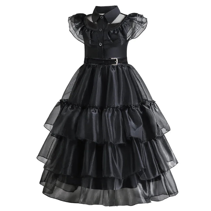 Halloween's Black Layered Cake Gown with Mesh Details for Girls