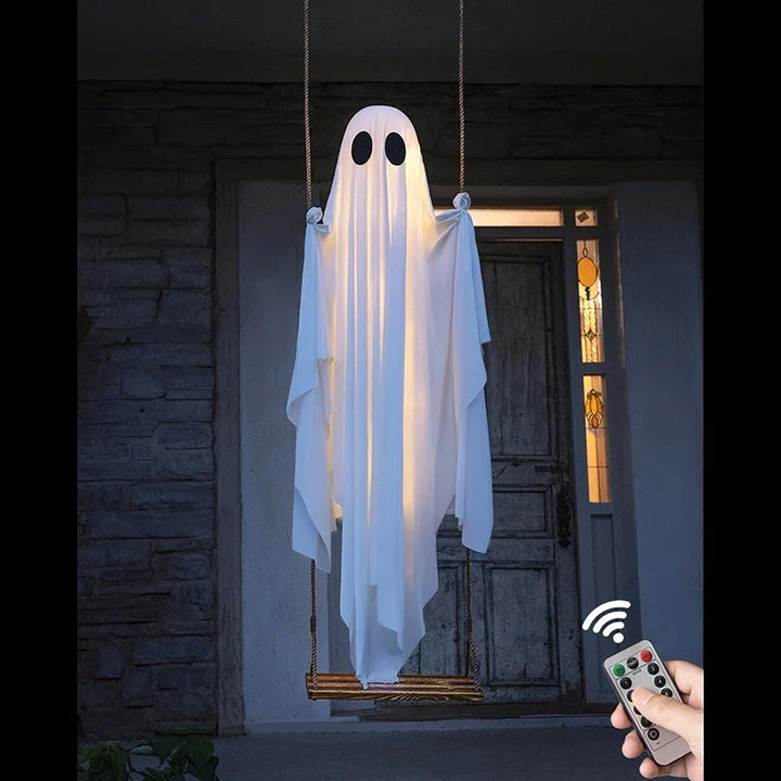 Halloween's Outdoor Ghost Swing with Lights and Wooden Seat Decor