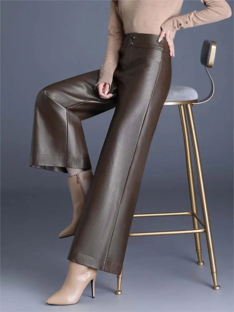 Women's High-Rise Glossy Leather Wide-Leg Pants
