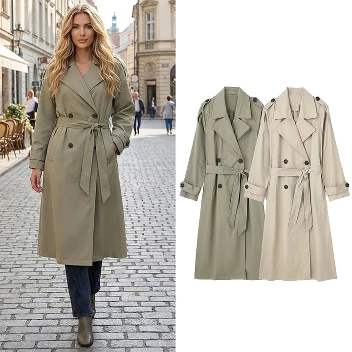 Women's Vintage Solid Double-Breasted Trench Coat with Belt