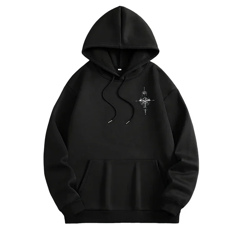 Men's Vintage Compass Print High-Quality Hooded Pullover Sweatshirt