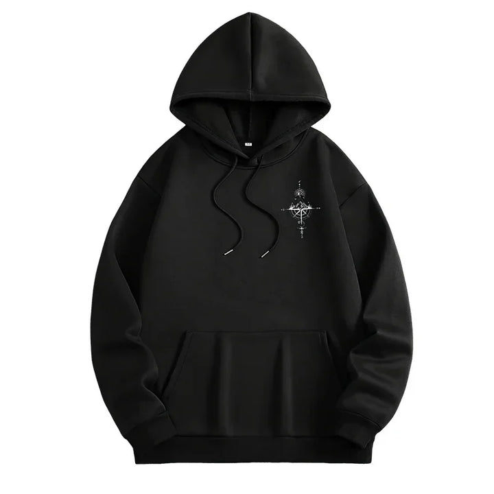 Men's Vintage Compass Print High-Quality Hooded Pullover Sweatshirt