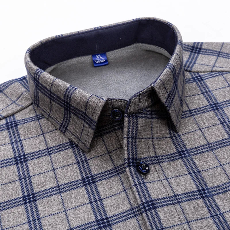 Men's Thick Fleece Long Sleeve Plaid Shirt for Autumn Winter Wear