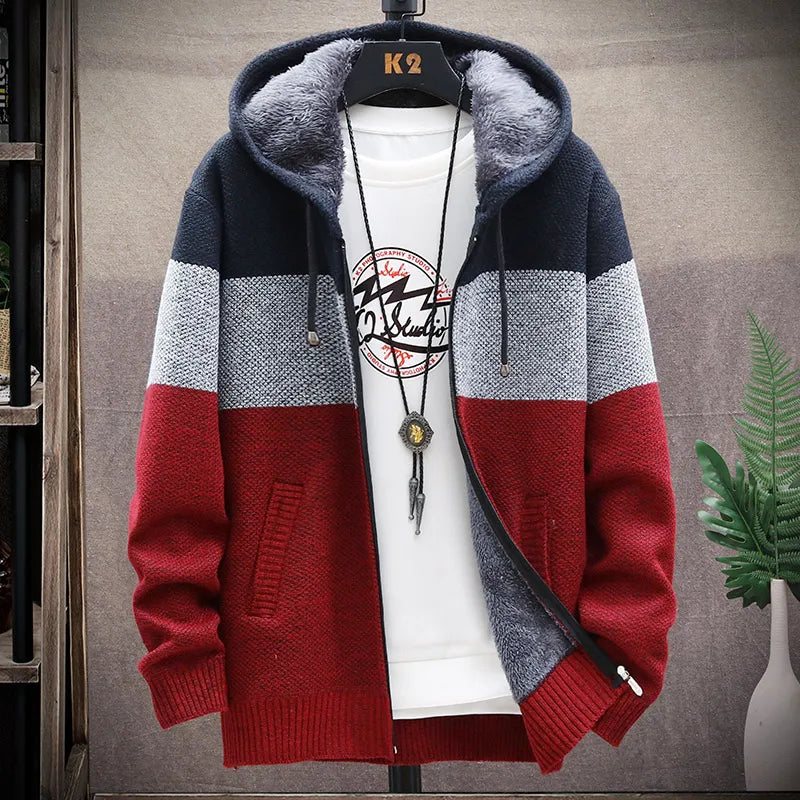 Men's Fleece Zipper Cardigan Sweater with Velvet Stripes