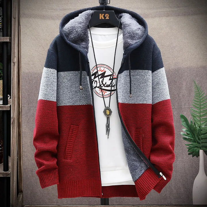 Men's Fleece Zipper Cardigan Sweater with Velvet Stripes