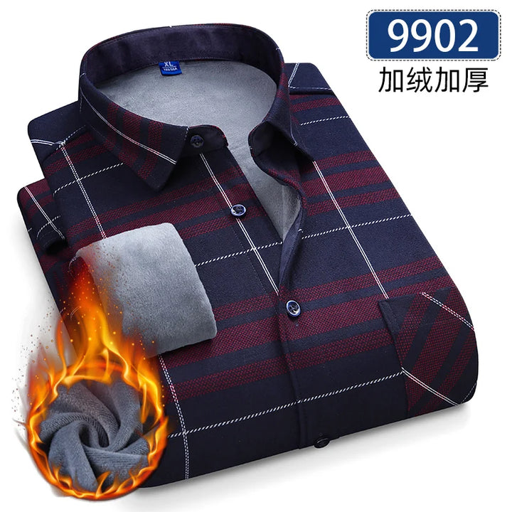 Men's Thick Fleece Long Sleeve Plaid Shirt for Autumn Winter Wear