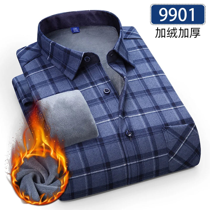 Men's Thick Fleece Long Sleeve Plaid Shirt for Autumn Winter Wear