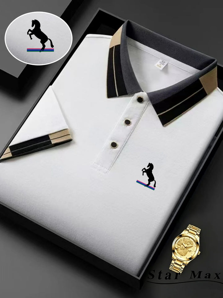 Men's Short-Sleeved Polo Shirt with Horse Embroidery, Summer Casual Wear