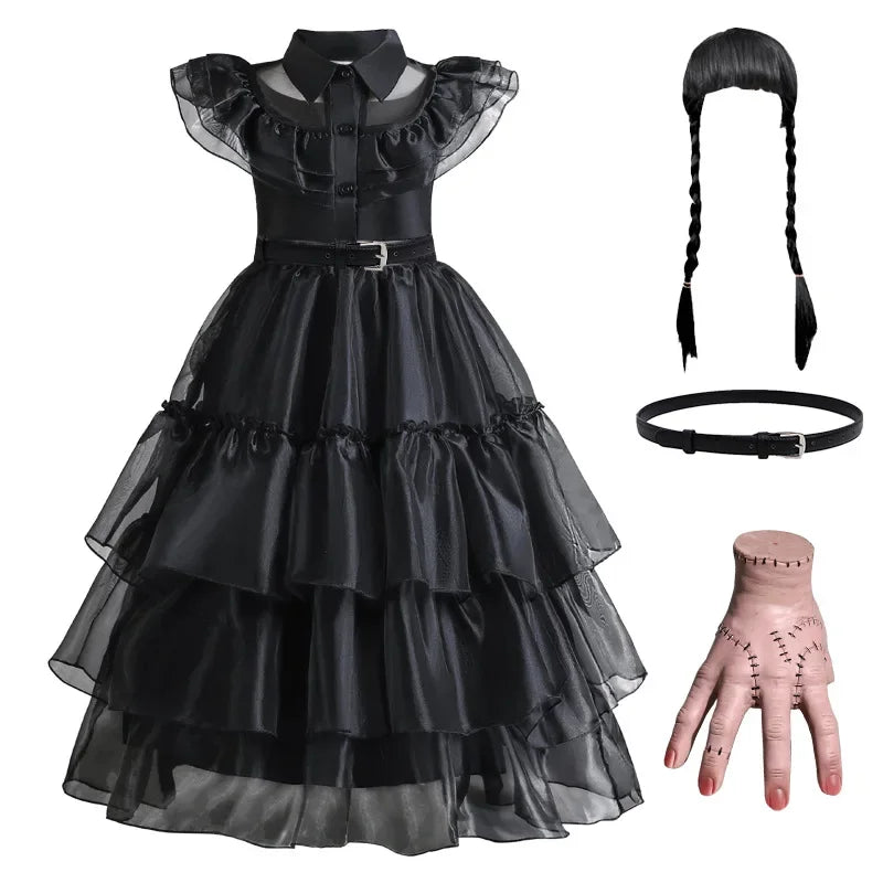 Halloween's Black Layered Cake Gown with Mesh Details for Girls