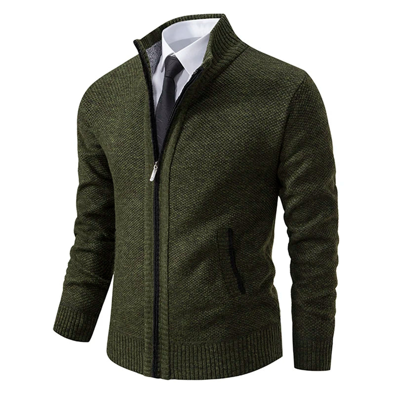 Men's Casual Sports Coat - Solid Color Stand Collar Fleece Cardigan
