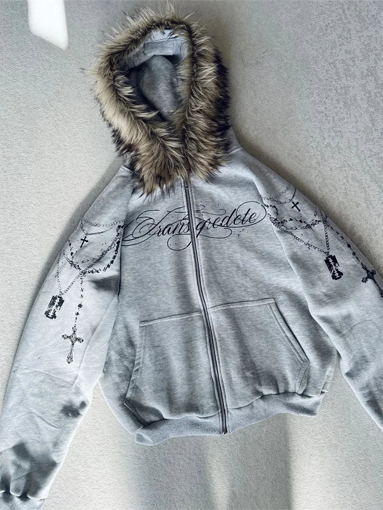 Women's Gothic Punk Faux Fur Hooded Jacket with Cross Print