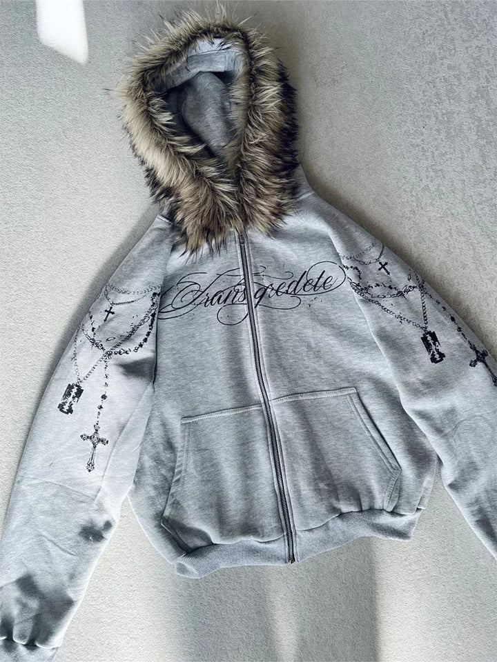 Women's Gothic Punk Faux Fur Hooded Jacket with Cross Print