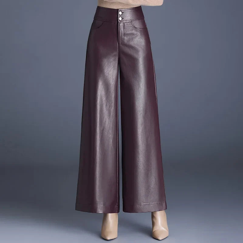 Women's High-Rise Glossy Leather Wide-Leg Pants