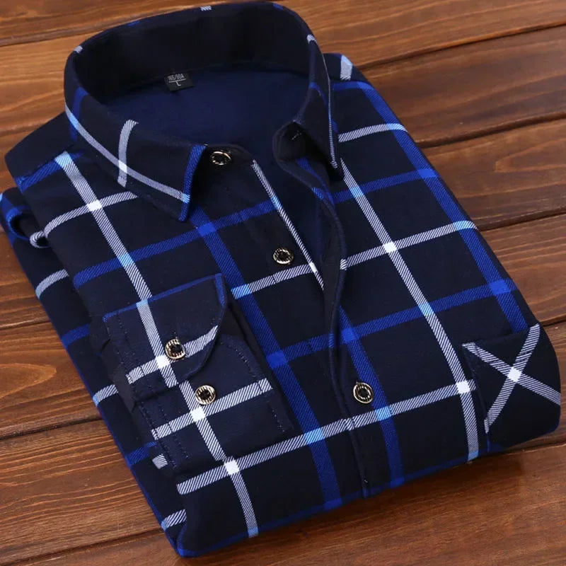 Men's Winter Warm Long Sleeve Plaid Flannel Shirt with Fur Lining