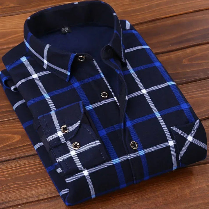 Men's Winter Warm Long Sleeve Plaid Flannel Shirt with Fur Lining