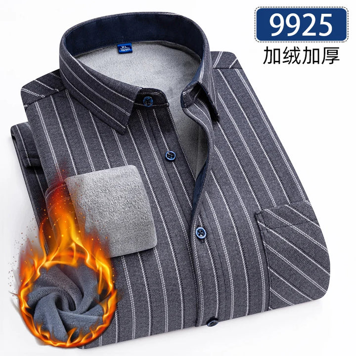 Men's Thick Fleece Long Sleeve Plaid Shirt for Autumn Winter Wear