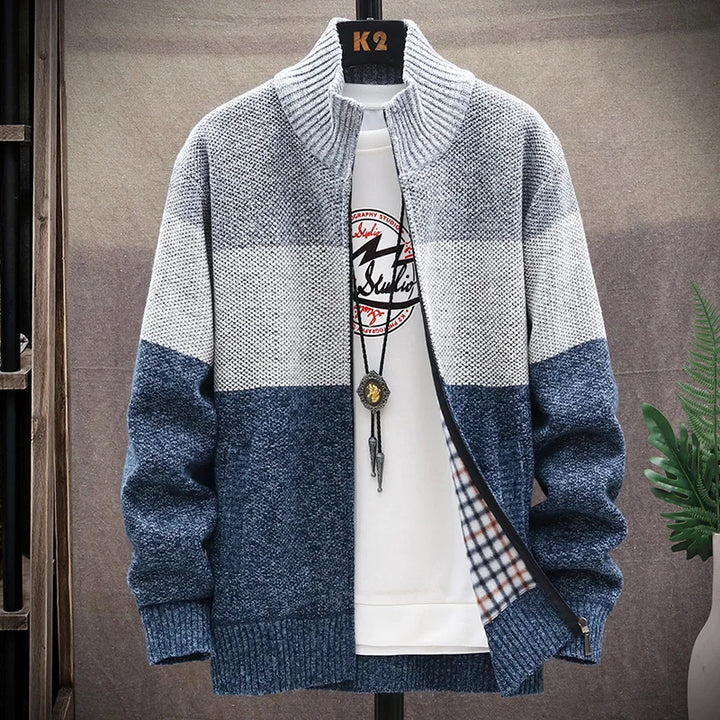 Men's Fleece Zipper Cardigan Sweater with Velvet Stripes