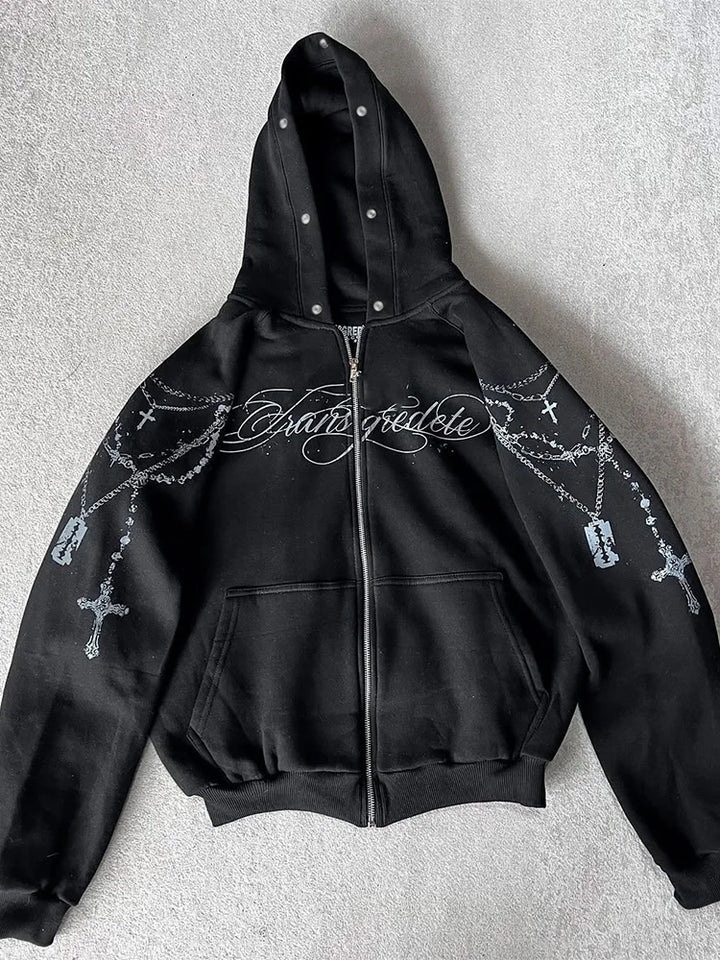 Women's Gothic Punk Faux Fur Hooded Jacket with Cross Print