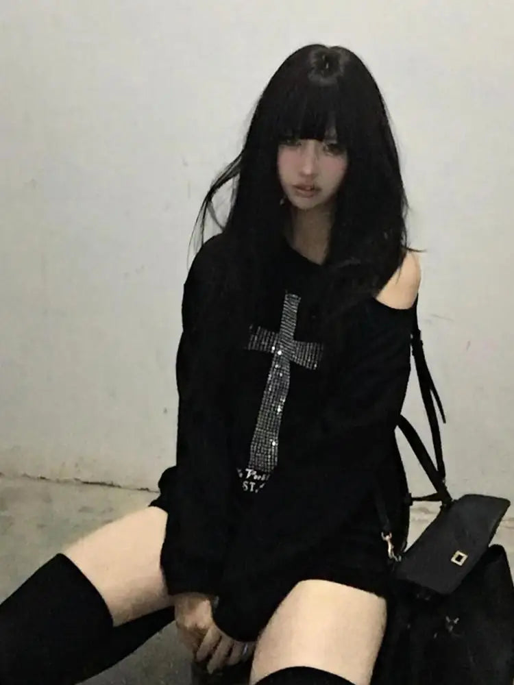 Women's Graphic One-Shoulder Long Sleeve Black Hoodie Top