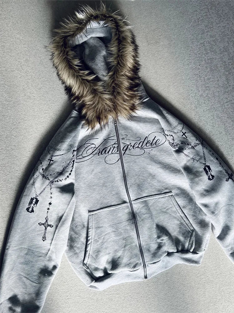 Women's Gothic Punk Faux Fur Hooded Jacket with Cross Print