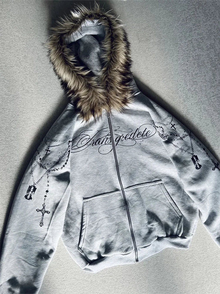 Women's Gothic Punk Faux Fur Hooded Jacket with Cross Print