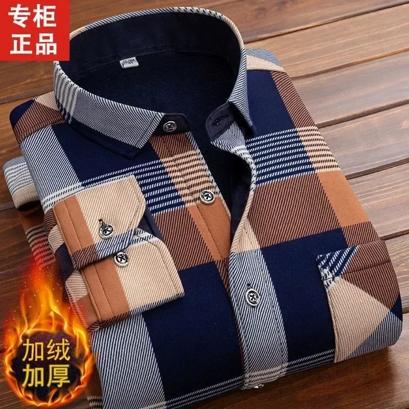 Men's Winter Warm Long Sleeve Plaid Flannel Shirt with Fur Lining