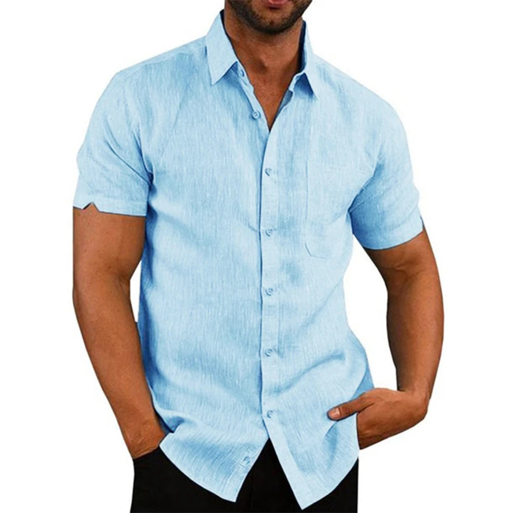 Men's Casual Cotton Linen Short Sleeve Shirts for Summer Beach Wear