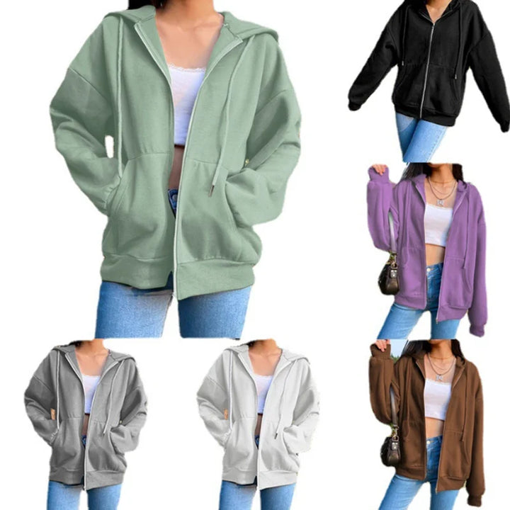 Women's Solid Color Fleece Hoodie with Pockets and Zipper