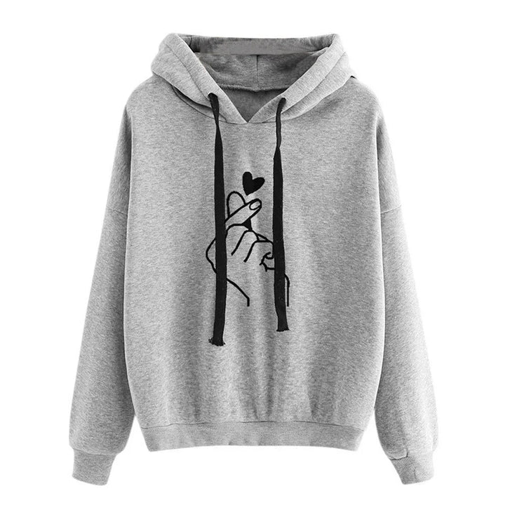 Women's Solid Color Fleece Hoodie with Finger Heart Design and Pockets