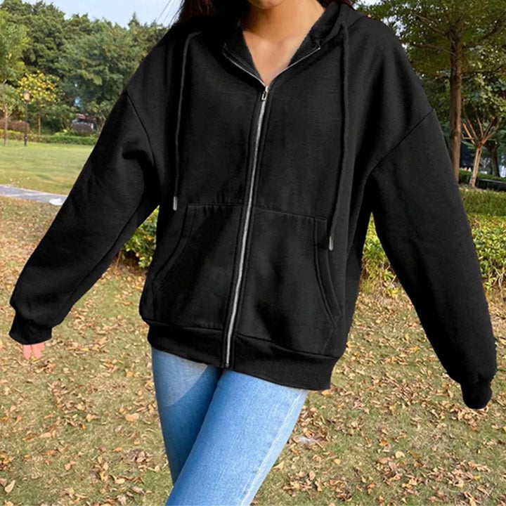Women's Solid Color Fleece Hoodie with Pockets and Zipper