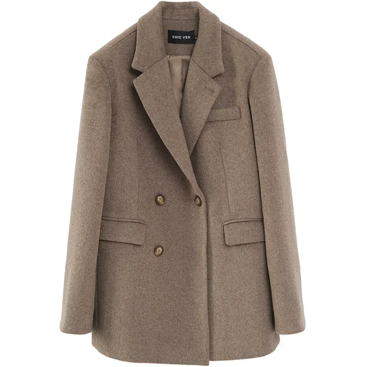 Women's Solid Wool Blend Long Blazer Coat for Fall and Winter