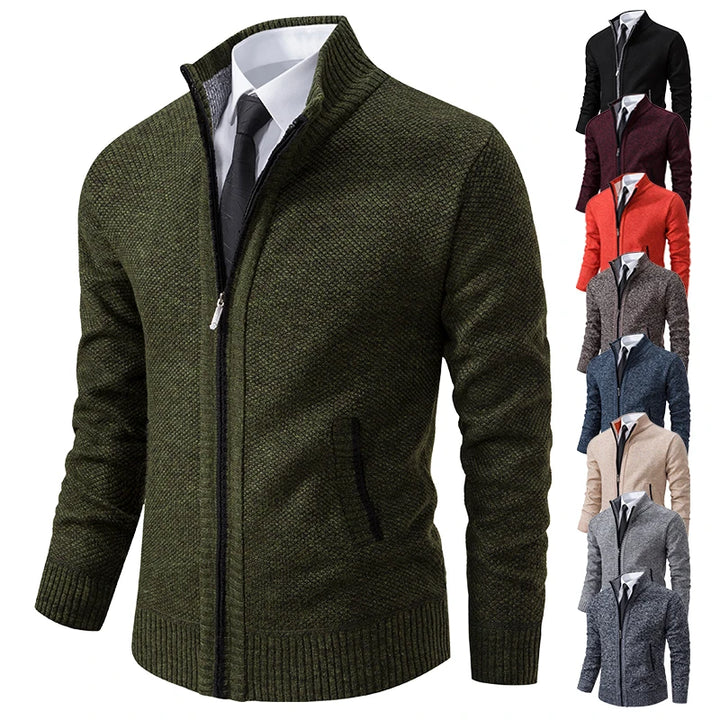 Men's Casual Sports Coat - Solid Color Stand Collar Fleece Cardigan