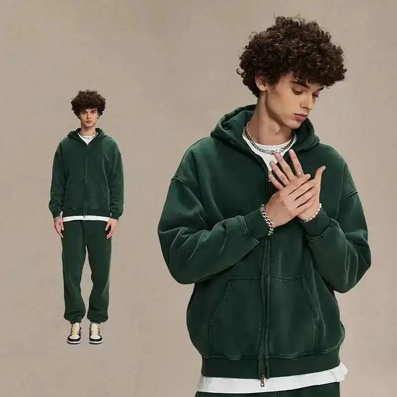 Men's Vintage Wax Print Oversized Hoodie with Zipper and Plush Lining