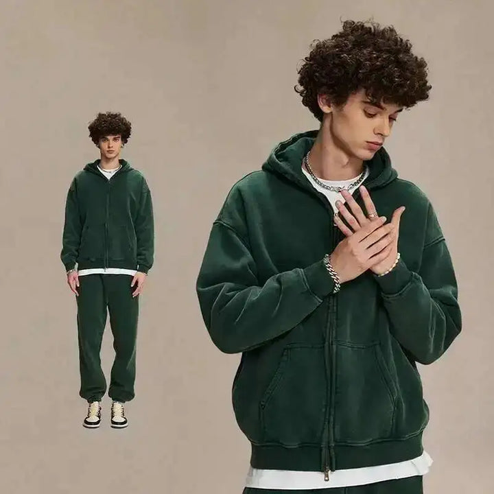 Men's Vintage Wax Print Oversized Hoodie with Zipper and Plush Lining