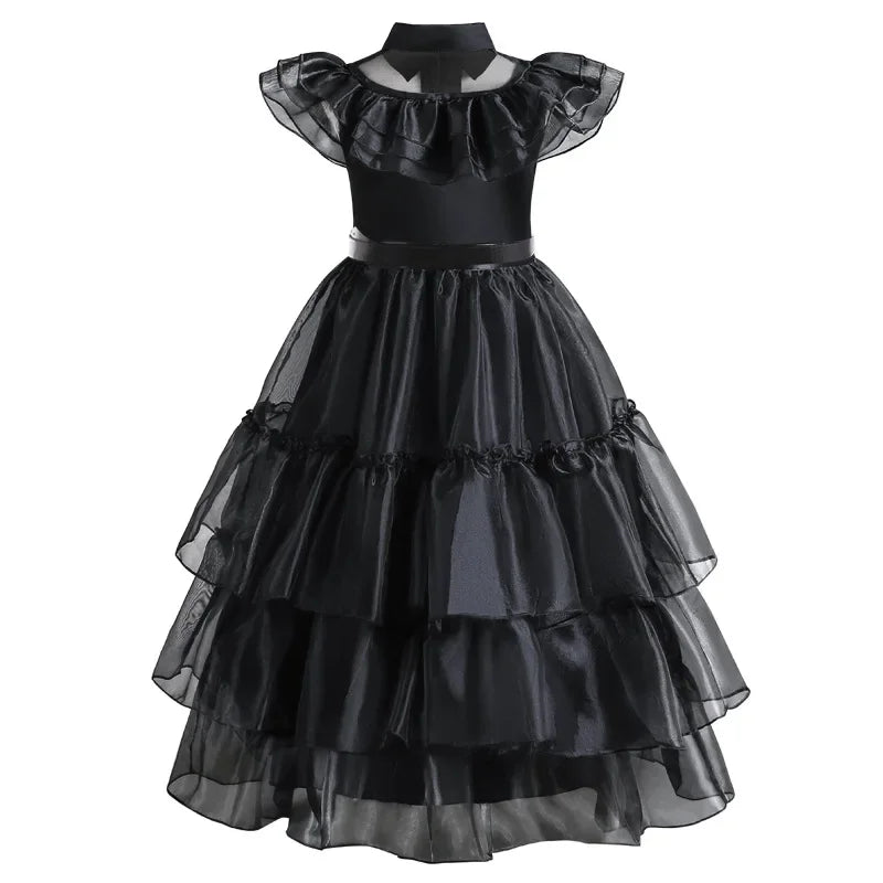 Halloween's Black Layered Cake Gown with Mesh Details for Girls