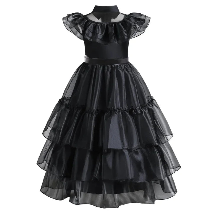 Halloween's Black Layered Cake Gown with Mesh Details for Girls