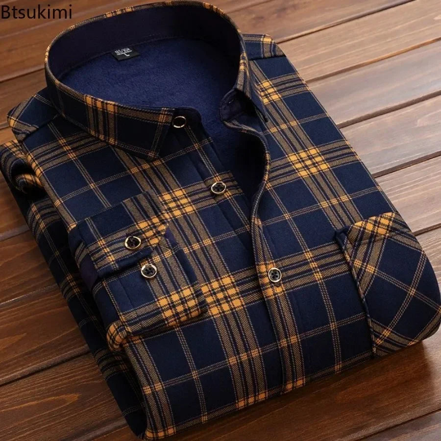 Men's Winter Warm Long Sleeve Plaid Flannel Shirt with Fur Lining