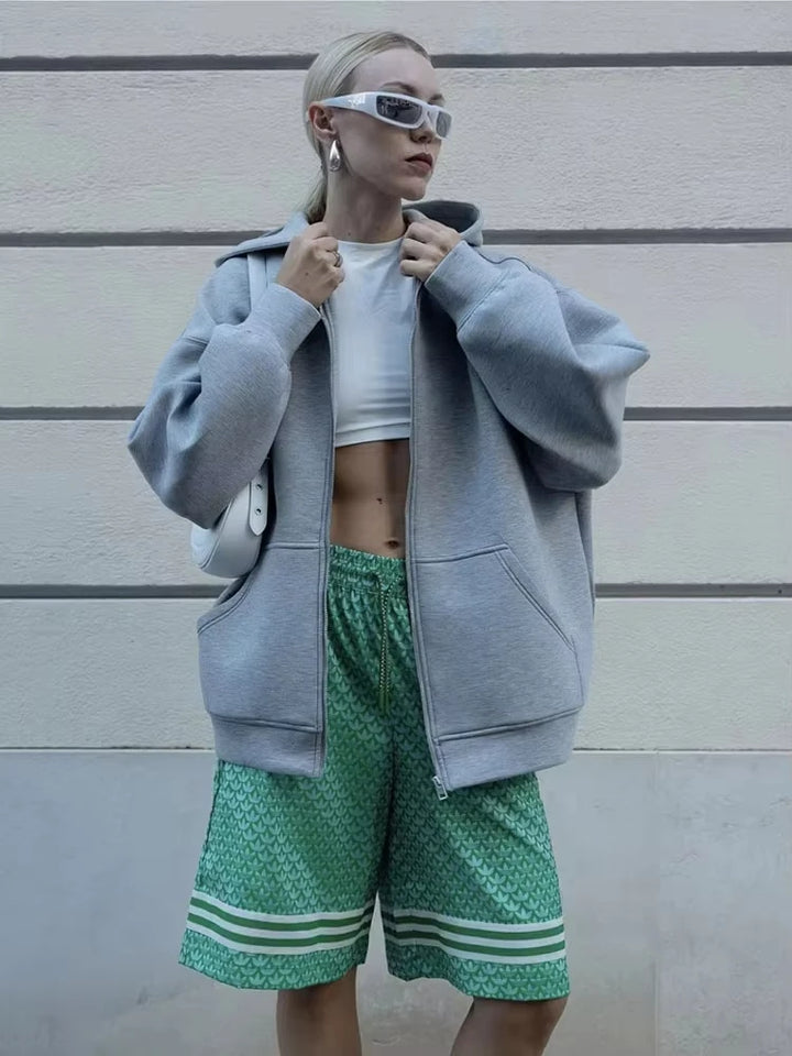 Women's Casual Hooded Jacket Oversized Zipper Sweatshirt Coat