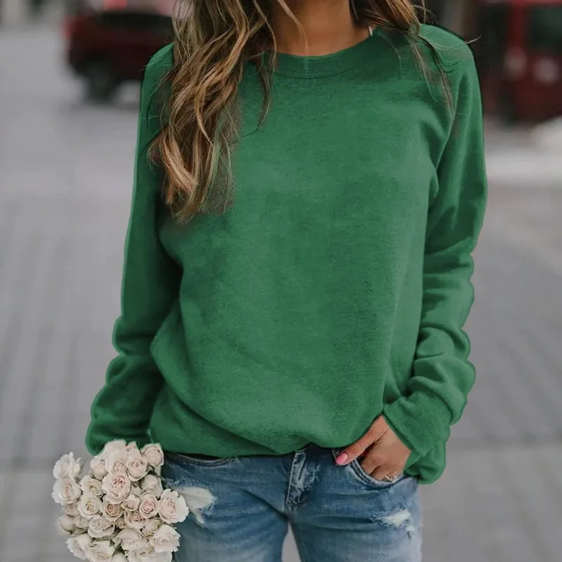 Women's Casual Solid Color Round Neck Long Sleeve Sweatshirt