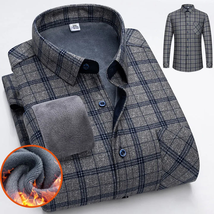 Men's Thick Fleece Long Sleeve Plaid Shirt for Autumn Winter Wear