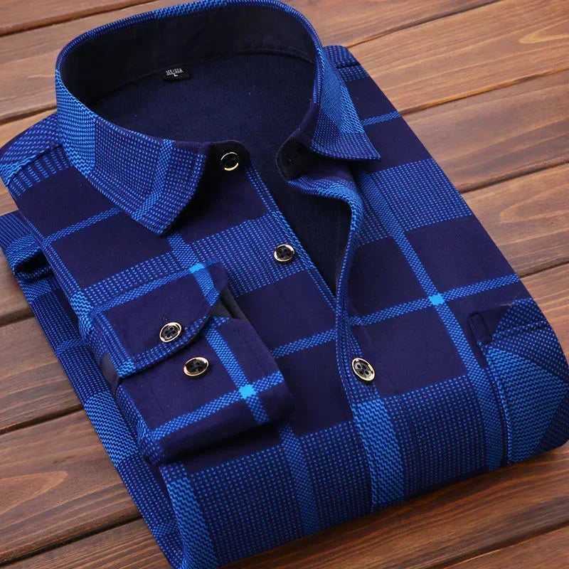 Men's Winter Warm Long Sleeve Plaid Flannel Shirt with Fur Lining