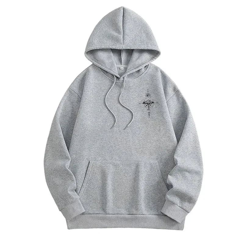 Men's Vintage Compass Print High-Quality Hooded Pullover Sweatshirt
