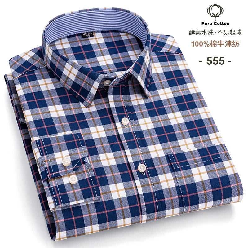 Men's Long Sleeve Cotton Oxford Plaid Button Down Casual Shirt S-7XL