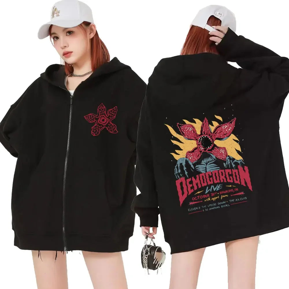 Men's Demogorgon Zipper Hoodie with Cannibal Flower Print Sweatshirt