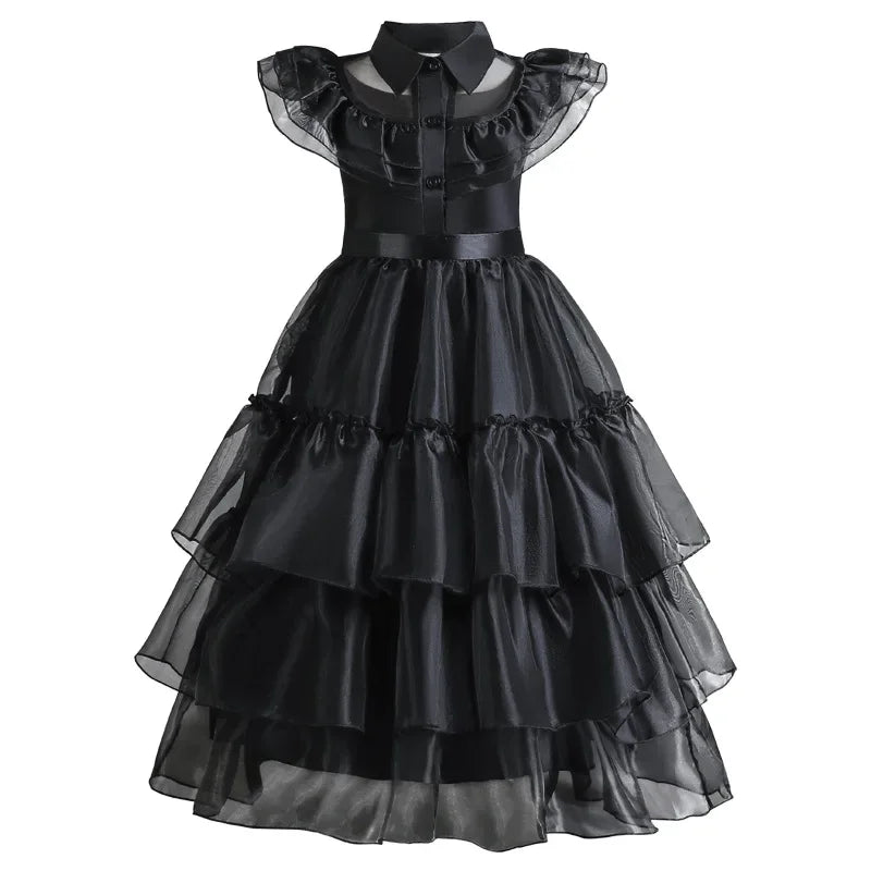 Halloween's Black Layered Cake Gown with Mesh Details for Girls